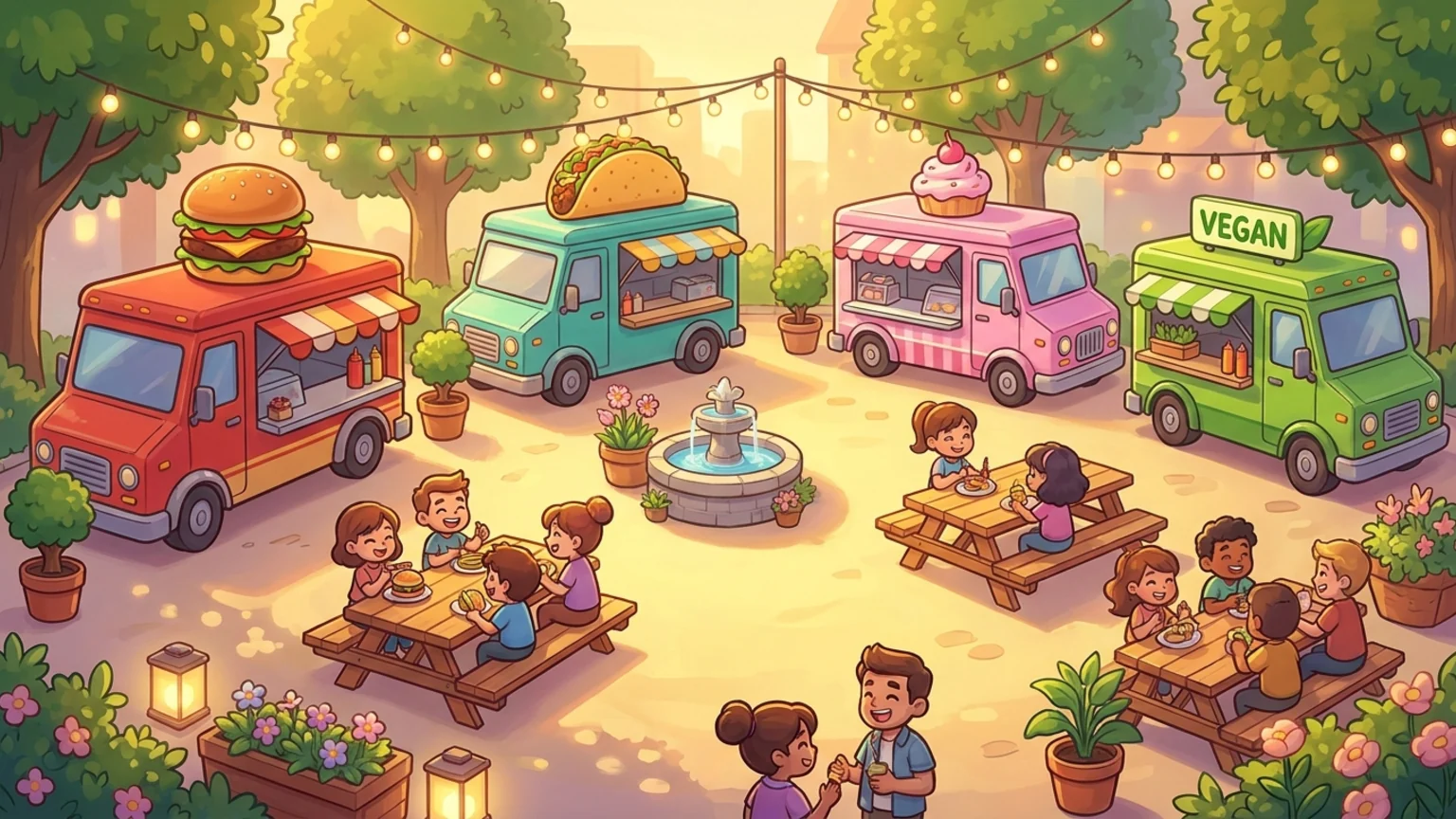 A sunny, fully built food-truck park at golden hour — painted trucks, each wearing its dish on the roof, and a happy crowd.