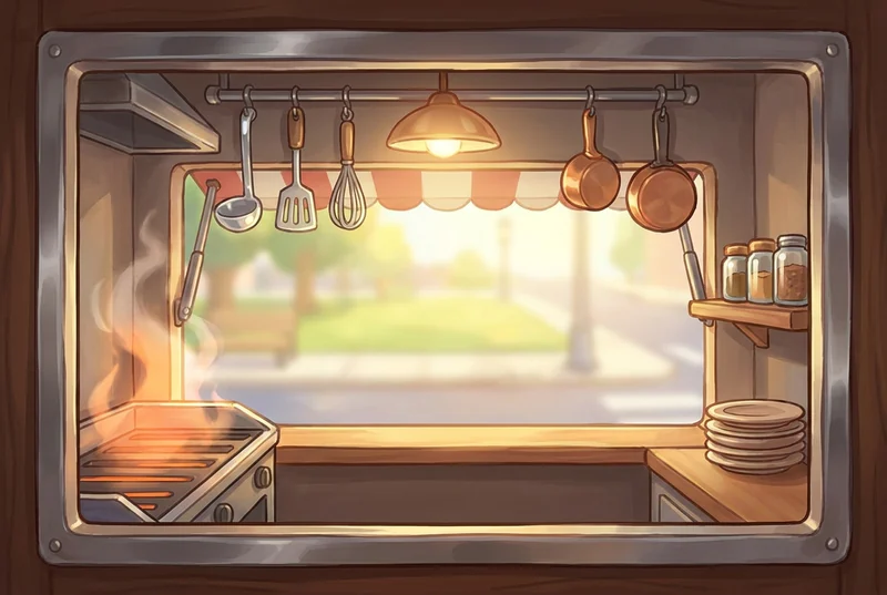 Inside a food truck, looking out through the painted serving window